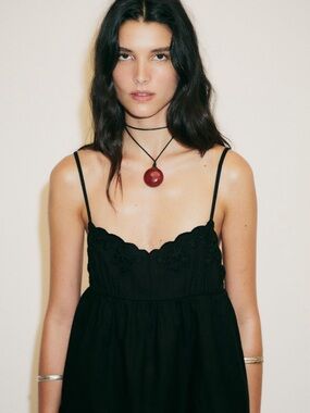 ZARA - Black Spaghetti Strap Babydoll Top with Embroidered Scalloped Neckline